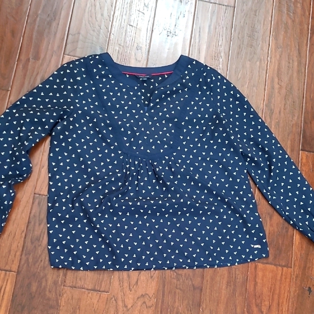 Tommy Hilfiger Navy Blue Blouse with White Pattern & Ribbon Detail size XL